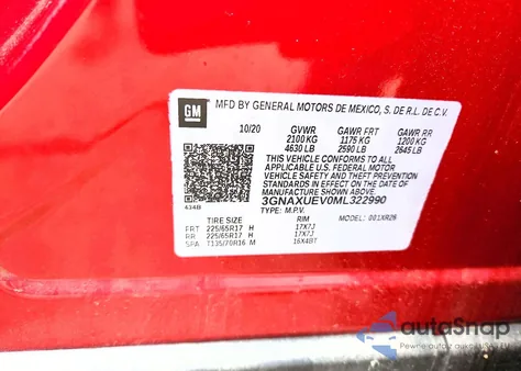 2021 Chevrolet Equinox Lt z USA, uszkodzony, nr VIN 3GNAXUEV0ML322990